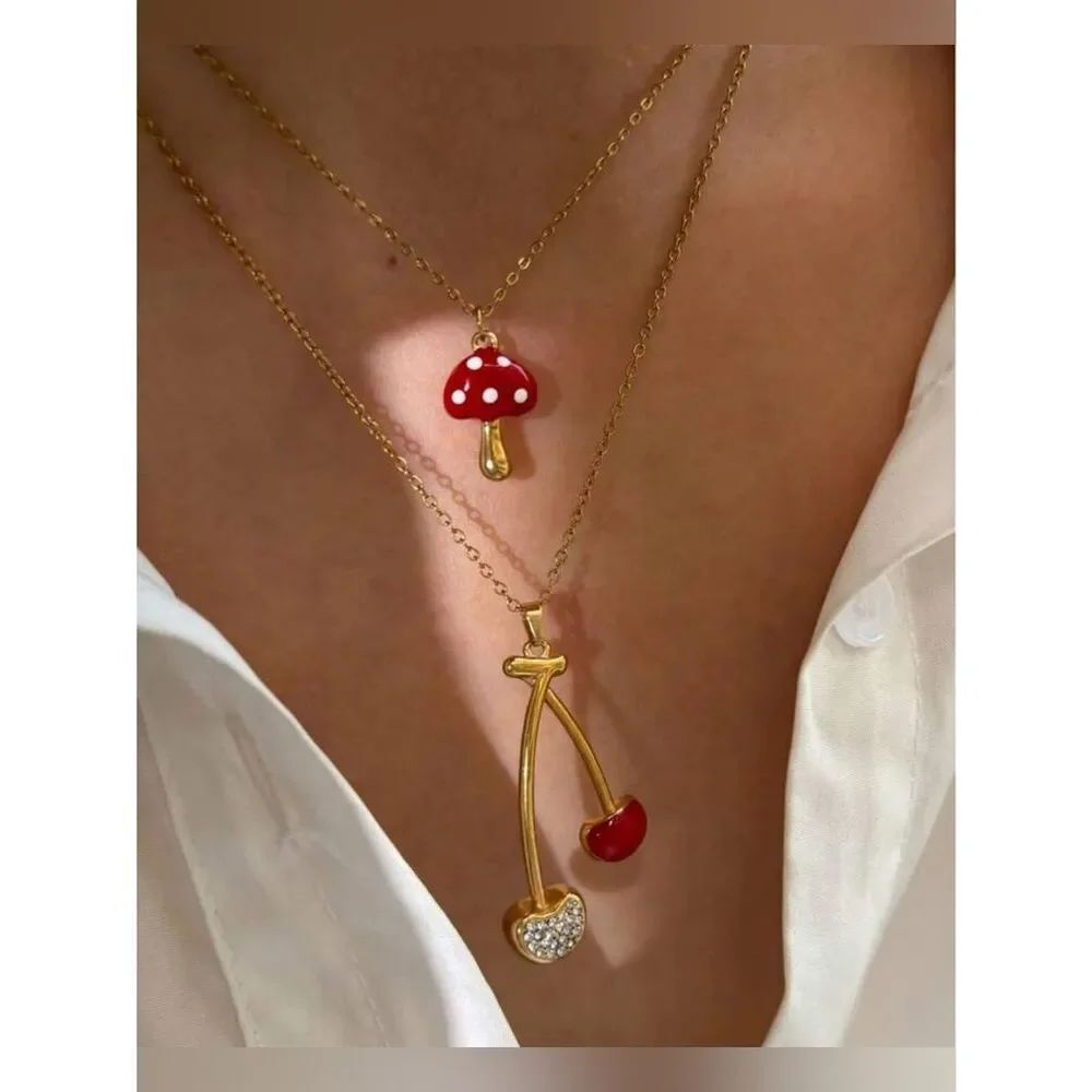 Necklace with Red Mushroom & Cherry Charms N1466